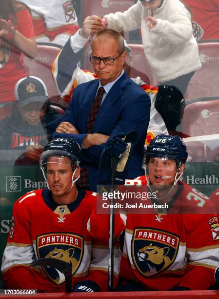 Head coach Paul Maurice of the Florida Panthers looks on during third period action against the Nashville Predators during a preseason game at the...