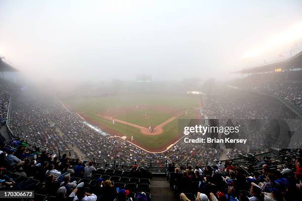 Heavy fog obscures the field as the Cincinnati Reds play the Chicago Cubs at Wrigley Field on June 10, 2013 in Chicago, Illinois.