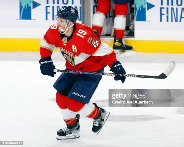 Matthew Tkachuk of the Florida Panthers skates up ice against the Nashville Predators during a preseason game at the Amerant Bank Arena on September...