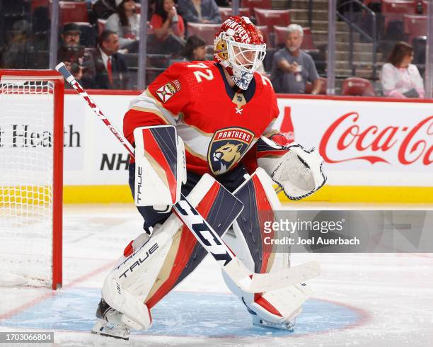 Goaltender Sergei Bobrovsky of the Florida Panthers prepares for second period action against the Nashville Predators during a preseason game at the...