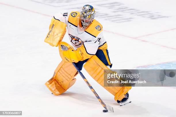 Goaltender Juuse Saros of the Nashville Predators stops a shot by the Florida Panthers during a preseason game at the Amerant Bank Arena on September...