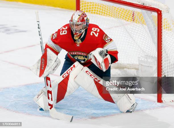 Goaltender Mack Guzda of the Florida Panthers defends the net against the Nashville Predators during a preseason game at the Amerant Bank Arena on...