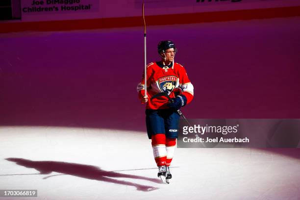 Nick Cousins of the Florida Panthers skates onto the ice after being awarded the third star of the game for his play against the Nashville Predators...