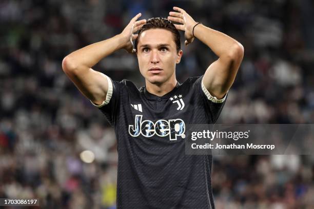 Federico Chiesa of Juventus reacts prior to kick-off in the Serie A TIM match between Juventus and US Lecce at Allianz Stadium on September 26, 2023...