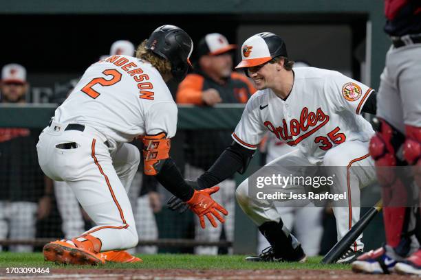 Gunnar Henderson of the Baltimore Orioles celebrates with Adley Rutschman after hitting a home run against the Washington Nationals during the first...