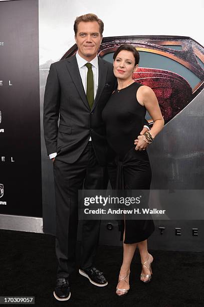 Actor Michael Shannon and Kate Arrington attend the "Man Of Steel" world premiere at Alice Tully Hall at Lincoln Center on June 10, 2013 in New York...