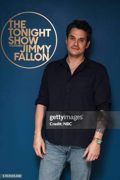 Episode 1844 -- Pictured: Singer-songwriter John Mayer poses backstage on Monday, October 2, 2023 --