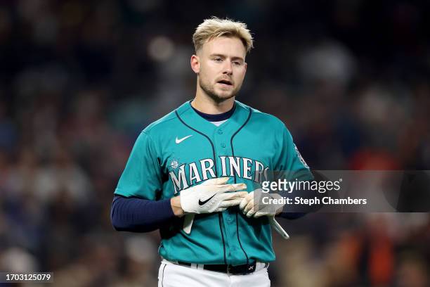 Jarred Kelenic of the Seattle Mariners reacts after striking out against the Houston Astros at T-Mobile Park on September 25, 2023 in Seattle,...