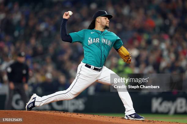 Seattle Mariners starting pitcher Luis Castillo pitches during the second inning against the Houston Astros at T-Mobile Park on September 25, 2023 in...