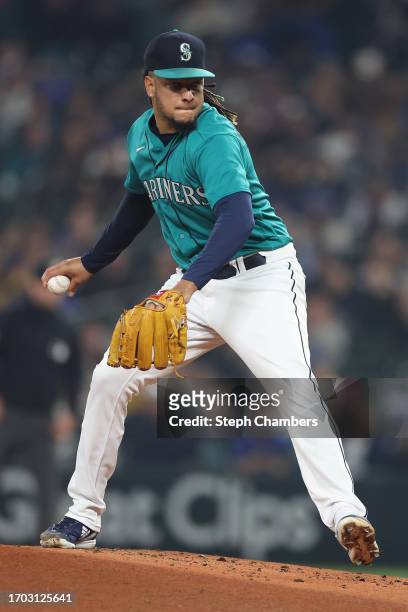 Seattle Mariners starting pitcher Luis Castillo pitches during the second inning against the Houston Astros at T-Mobile Park on September 25, 2023 in...