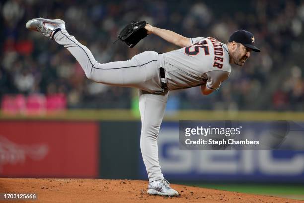 Houston Astros starting pitcher Justin Verlander pitches during the first inning against the Seattle Mariners at T-Mobile Park on September 25, 2023...