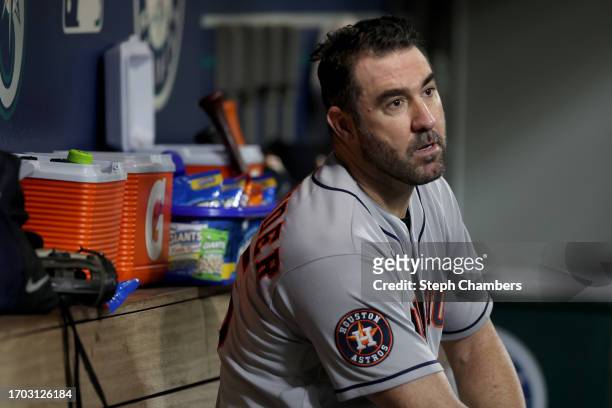 Justin Verlander of the Houston Astros looks on before the game against the Seattle Mariners at T-Mobile Park on September 25, 2023 in Seattle,...