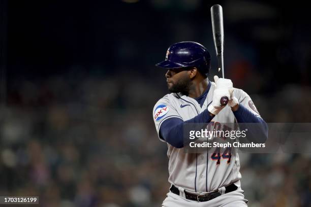 Yordan Alvarez of the Houston Astros at bat against the Seattle Mariners at T-Mobile Park on September 25, 2023 in Seattle, Washington.