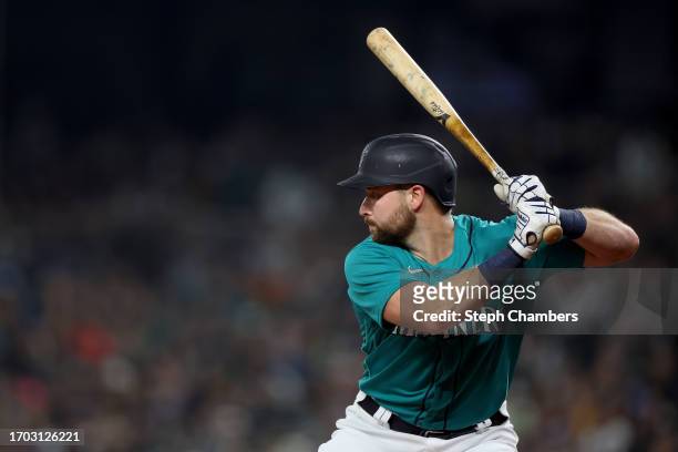 Cal Raleigh of the Seattle Mariners at bat against the Houston Astros at T-Mobile Park on September 25, 2023 in Seattle, Washington.
