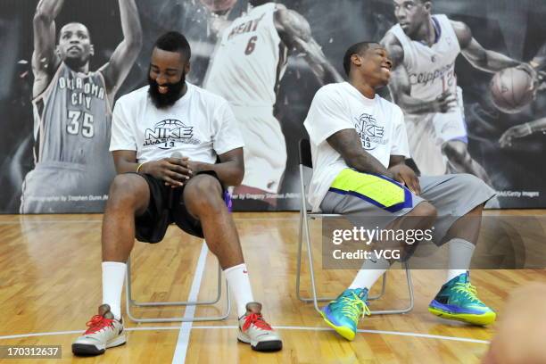 American professional basketball players James Harden of Houston Rockets and Eric Bledsoe of Los Angeles Clippers attend a training session of the...