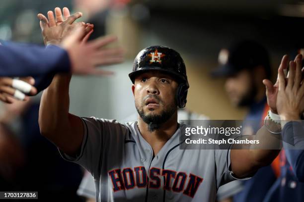Houston Astros first baseman Jose Abreu celebrates a run during the second inning against the Seattle Mariners at T-Mobile Park on September 25, 2023...