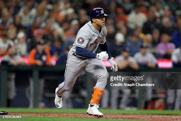 Jeremy Pena of the Houston Astros at bat against the Seattle Mariners at T-Mobile Park on September 25, 2023 in Seattle, Washington.