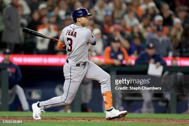 Jeremy Pena of the Houston Astros at bat against the Seattle Mariners at T-Mobile Park on September 25, 2023 in Seattle, Washington.