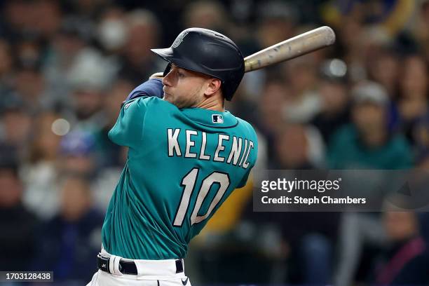 Jarred Kelenic of the Seattle Mariners at bat against the Houston Astros at T-Mobile Park on September 25, 2023 in Seattle, Washington.