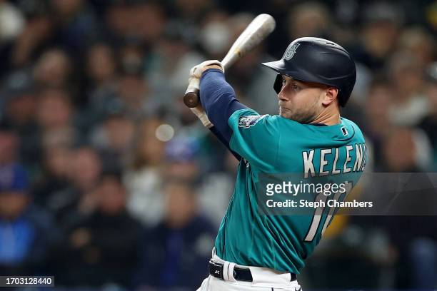 Jarred Kelenic of the Seattle Mariners at bat against the Houston Astros at T-Mobile Park on September 25, 2023 in Seattle, Washington.