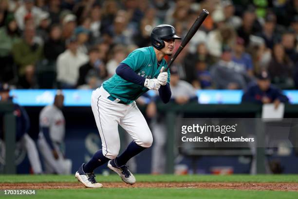 Josh Rojas of the Seattle Mariners at bat against the Houston Astros at T-Mobile Park on September 25, 2023 in Seattle, Washington.