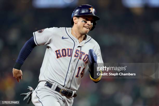 Mauricio Dubon of the Houston Astros rounds third base to score against the Seattle Mariners during the second inning at T-Mobile Park on September...
