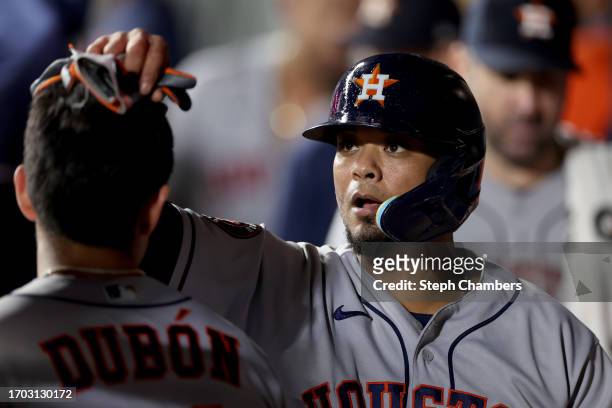 Houston Astros catcher Martin Maldonado celebrates a run during the second inning against the Seattle Mariners at T-Mobile Park on September 25, 2023...