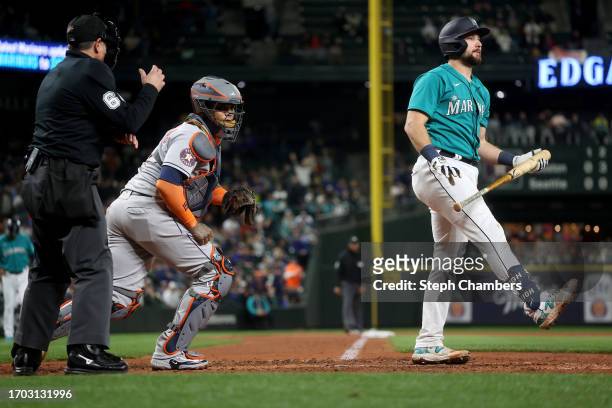 Cal Raleigh of the Seattle Mariners strikes out to end the game against the Houston Astros at T-Mobile Park on September 25, 2023 in Seattle,...