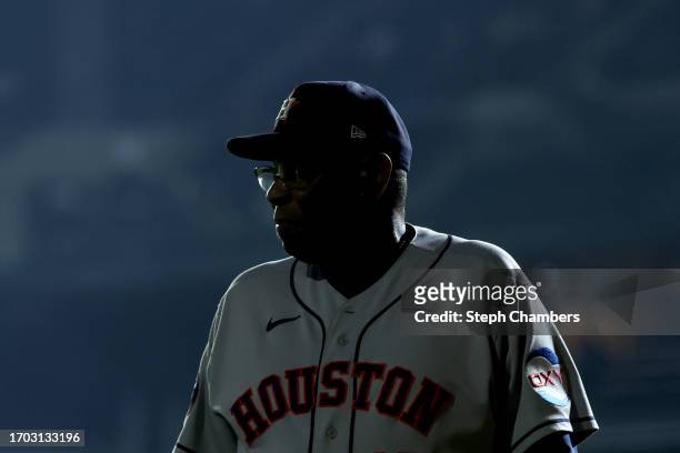 Manager Dusty Baker Jr. #12 of the Houston Astros looks on before the game against the Seattle Mariners at T-Mobile Park on September 25, 2023 in...