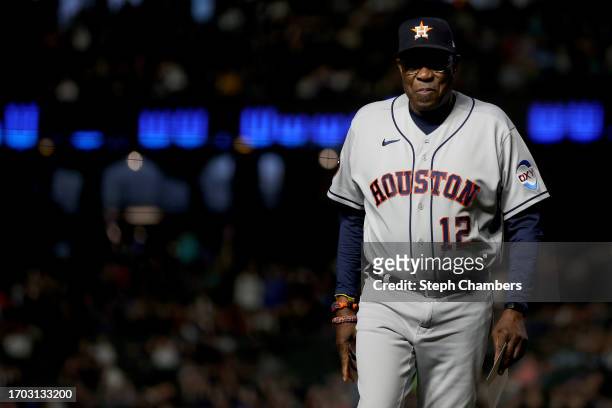 Manager Dusty Baker Jr. #12 of the Houston Astros looks on before the game against the Seattle Mariners at T-Mobile Park on September 25, 2023 in...