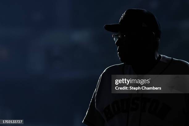 Manager Dusty Baker Jr. #12 of the Houston Astros looks on before the game against the Seattle Mariners at T-Mobile Park on September 25, 2023 in...