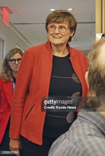 Hungarian scientist Katalin Kariko arrives at the venue of a press conference at the University of Pennsylvania in Philadelphia, the United States,...
