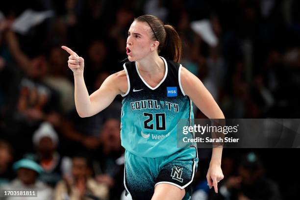 Sabrina Ionescu of the New York Liberty reacts after scoring during the first half against the Connecticut Sun during Game Two of the 2023 WNBA...