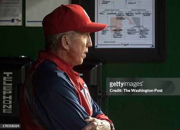 Davey Johnson watches his team in action at Nationals Park in the second game of a double header Sunday June 9, 2013 in Washington, DC. The Nats won...