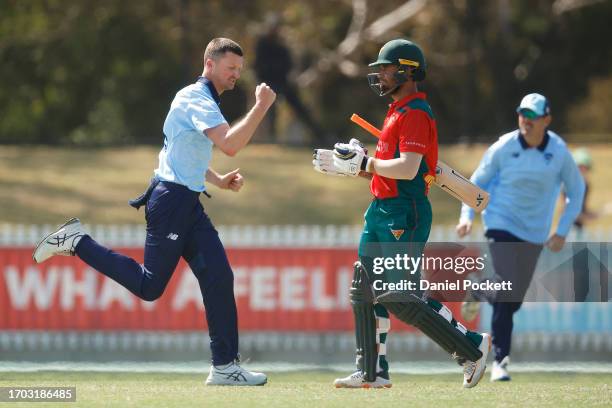 Jackson Bird of New South Wales celebrates the dismissal of Jake Weatherald of Tasmania during the March One Day Cup match between New South Wales...