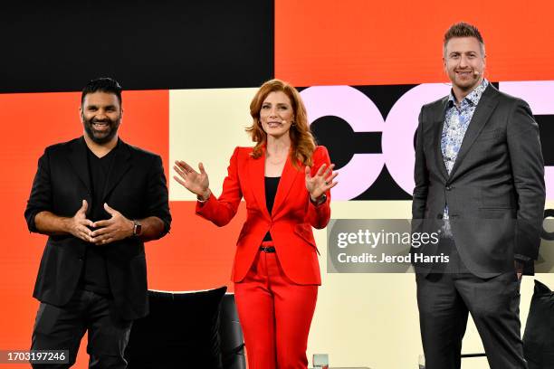 Nilay Patel, Editor-in-Chief, The Verge, Julia Boorstin, Senior Media & Tech Correspondent, CNBC and Casey Newton, Founder, Platformer speak onstage...