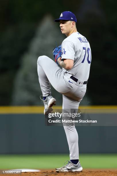 Starting pitcher Bobby Miller of the Los Angeles Dodgers throws against the Colorado Rockies in the first inning during Game Two of a Doubleheader at...