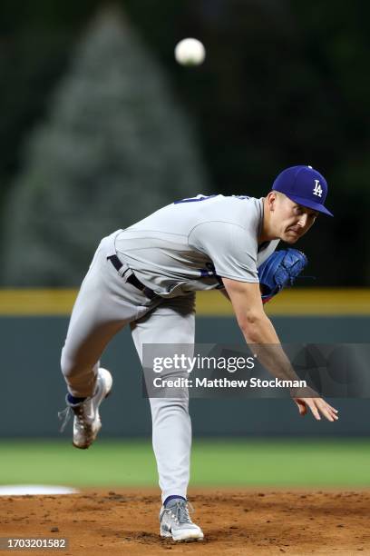 Starting pitcher Bobby Miller of the Los Angeles Dodgers throws against the Colorado Rockies in the first inning during Game Two of a Doubleheader at...