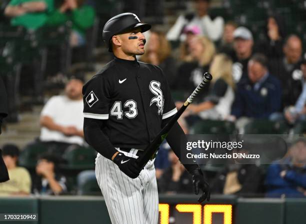 Trayce Thompson of the Chicago White Sox reacts after striking out during the third inning against the Arizona Diamondbacks at Guaranteed Rate Field...