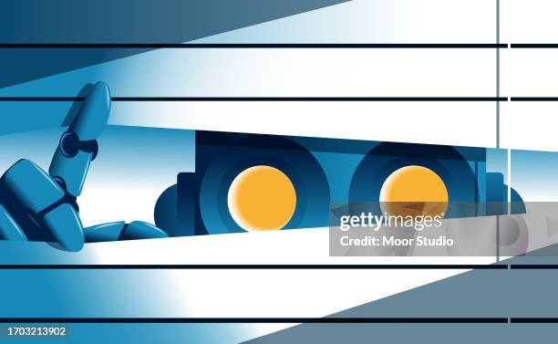 stockillustraties, clipart, cartoons en iconen met robot looking through louvers - pitfall