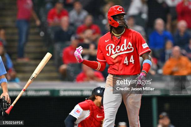 Elly De La Cruz of the Cincinnati Reds watches a two-run home run during the ninth inning against the Cleveland Guardians at Progressive Field on...