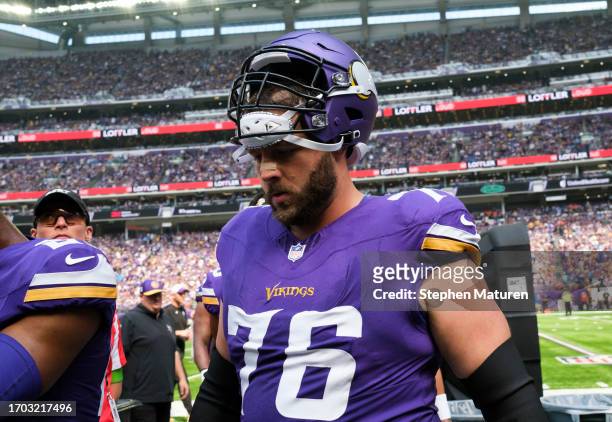 David Quessenberry of the Minnesota Vikings heads to the locker room after the first half of the game against the Los Angeles Chargers at U.S. Bank...