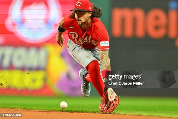 Second baseman Jonathan India of the Cincinnati Reds fields a ground ball hit by Jose Ramirez of the Cleveland Guardians during the sixth inning at...