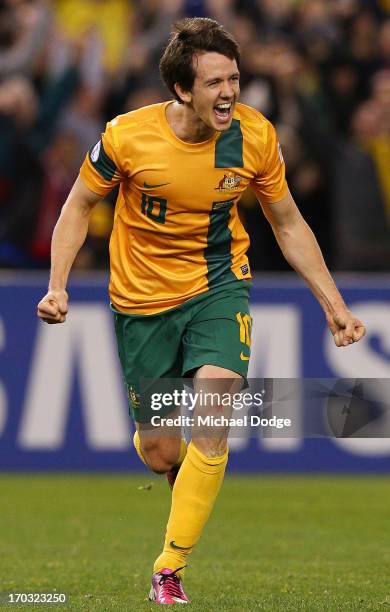 Robbie Kruse of the Socceroos celebrates a goal during the FIFA World Cup Qualifier match between the Australian Socceroos and Jordan at Etihad...