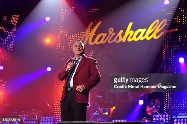 British comedian Al Murray performing live onstage during the Marshall 50 Years Of Loud anniversary concert at Wembley Arena, September 22, 2012.