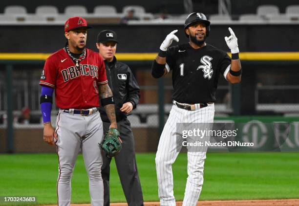 Elvis Andrus of the Chicago White Sox reacts following a double during the first inning against the Arizona Diamondbacks at Guaranteed Rate Field on...