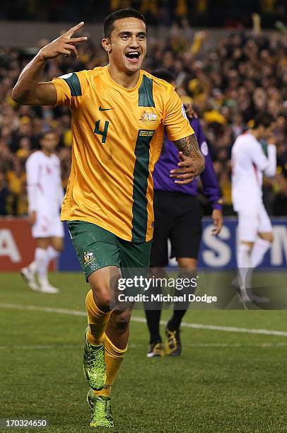 Tim Cahill of the Socceroos celebrates a goal during the FIFA World Cup Qualifier match between the Australian Socceroos and Jordan at Etihad Stadium...