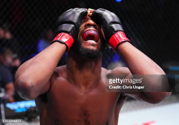 Danny Barlow reacts after his TKO victory over Raheam Forest in a welterweight fight during Dana White's Contender Series season seven, week eight at...