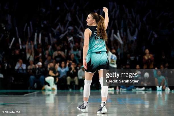 Sabrina Ionescu of the New York Liberty reacts during the second half against the Connecticut Sun during Game Two of the 2023 WNBA Playoffs...