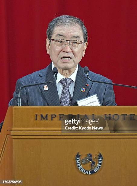 Masakazu Tokura, chairman of the Japan Business Federation, known as Keidanren, speaks on the first day of a two-day joint meeting of the Japan-U.S....